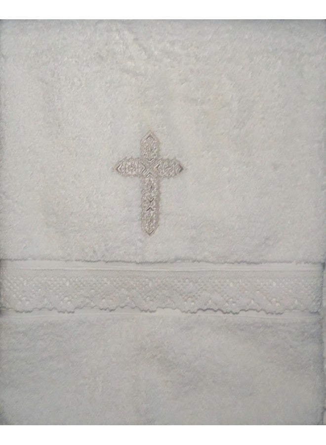 Integrity Designs Baby Baptism Towel with Cross and Lace - Image 1