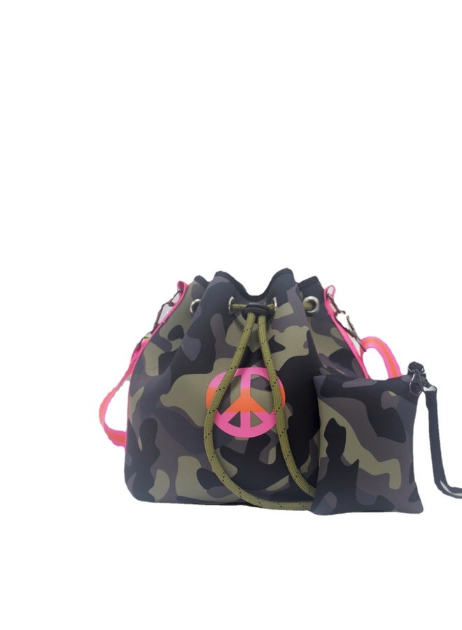 European And American Custom-made Diving Material Perforated Camouflage Black Large-capacity Mommy Bag Satchel Mother-in-law Bag Tote Bag Bucket Bag