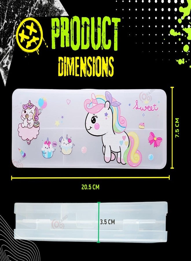 KARBD Translucent Double Sided Pencil Box Plastic Hardtop Case Spacious Big Clear Compartments 2 Sided Stationery Compass Geometry Box for Boys Girls Kids School Students (Unicorn Sweet Design) - Image 3