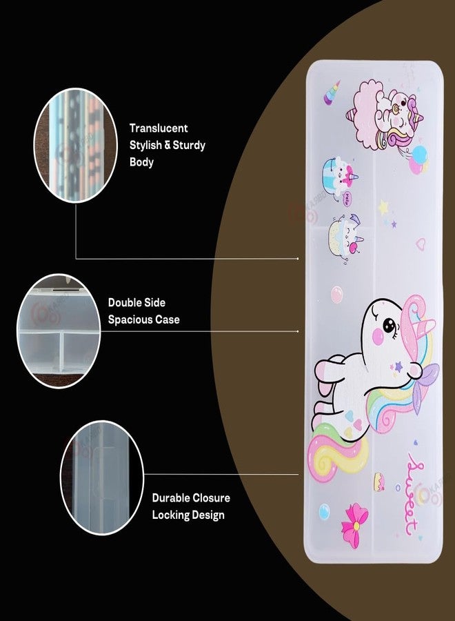 KARBD Translucent Double Sided Pencil Box Plastic Hardtop Case Spacious Big Clear Compartments 2 Sided Stationery Compass Geometry Box for Boys Girls Kids School Students (Unicorn Sweet Design) - Image 4