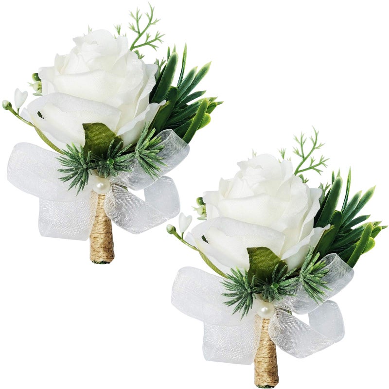 WEIERYUE White Rose Wrist Flowers and Mens Corsage Wedding Flowers Ceremony2Pcs Boutonniere Buttonholes and Wrist Corsage Wristband Roses Wrist Corsage 2pcs White Corsages