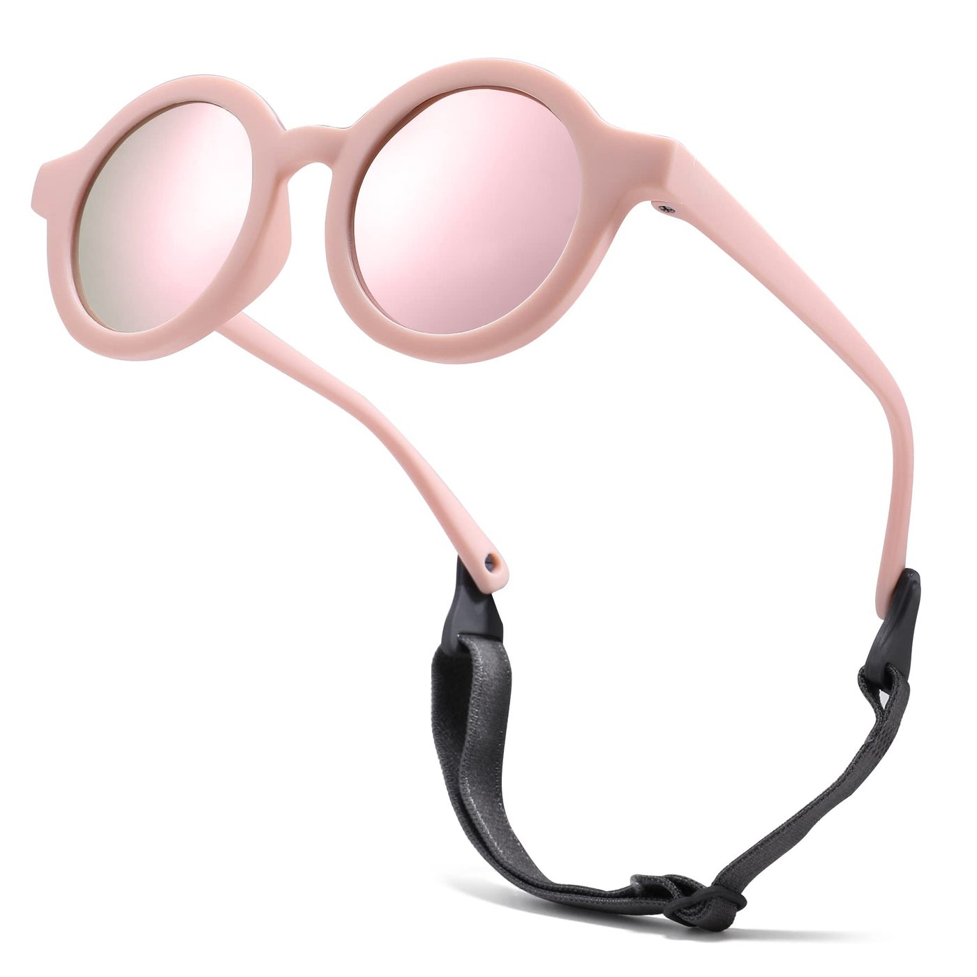 COASION Baby Polarized Round Sunglasses Flexible Rubber Shades with Strap for Toddler Newborn Infant Ages 0-24 Months (Pink/Pink Mirror)