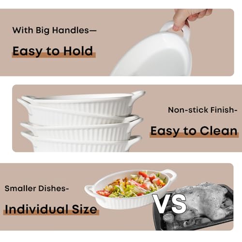 Frewinky Au Gratin Baking Dishes,9-inch Ceramic Baking Dish Set with Handles Heat Resistant,Mini Casserole-Dishes for Oven, Porcelain Oval Baking Dishes for Gratin,Casserole and Roasting,White - Image 4