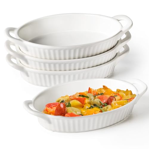 Frewinky Au Gratin Baking Dishes,9-inch Ceramic Baking Dish Set with Handles Heat Resistant,Mini Casserole-Dishes for Oven, Porcelain Oval Baking Dishes for Gratin,Casserole and Roasting,White - Image 1