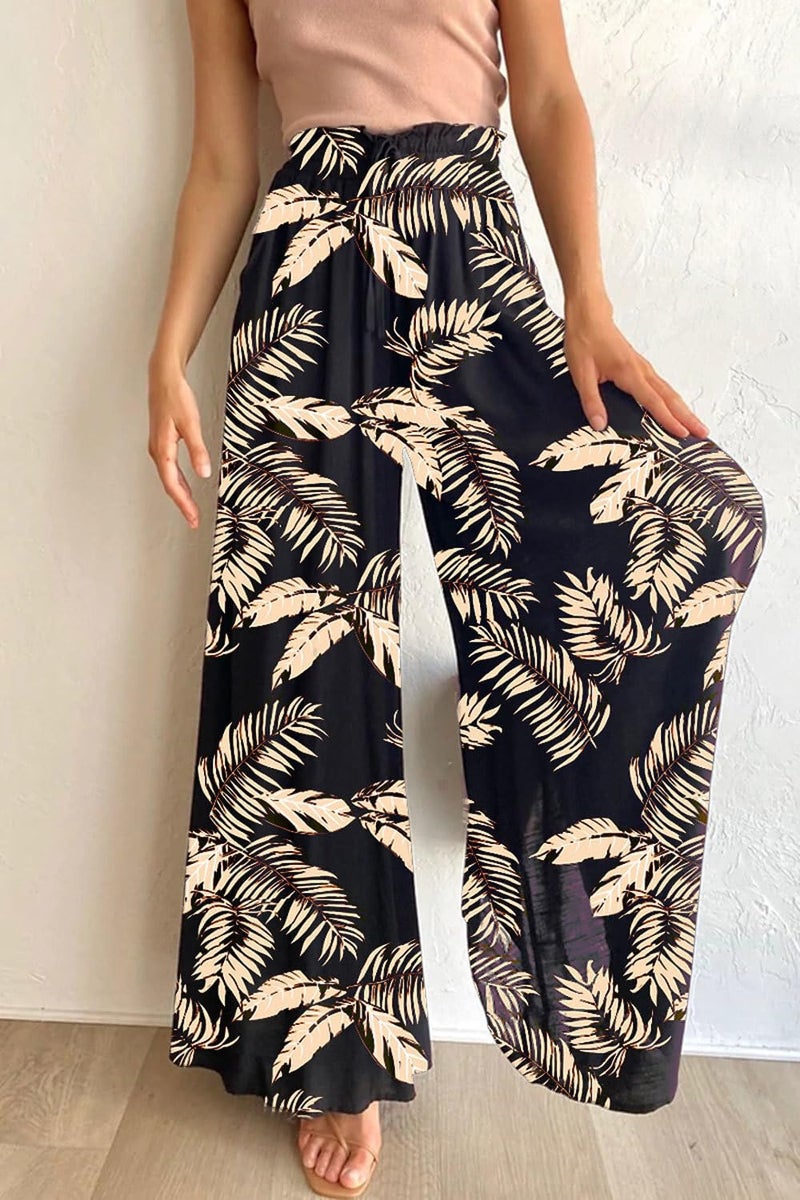 YOCUR Summer Lightweight Beach Vacation Pants High Waisted Wide Leg Pants for Women Printed Loose Flowy Palazzo Lounge Trousers Floral Black S - Image 3