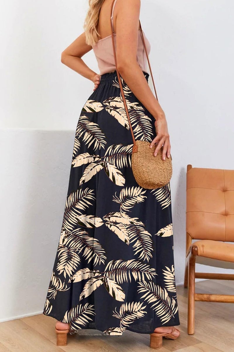 YOCUR Summer Lightweight Beach Vacation Pants High Waisted Wide Leg Pants for Women Printed Loose Flowy Palazzo Lounge Trousers Floral Black S - Image 2