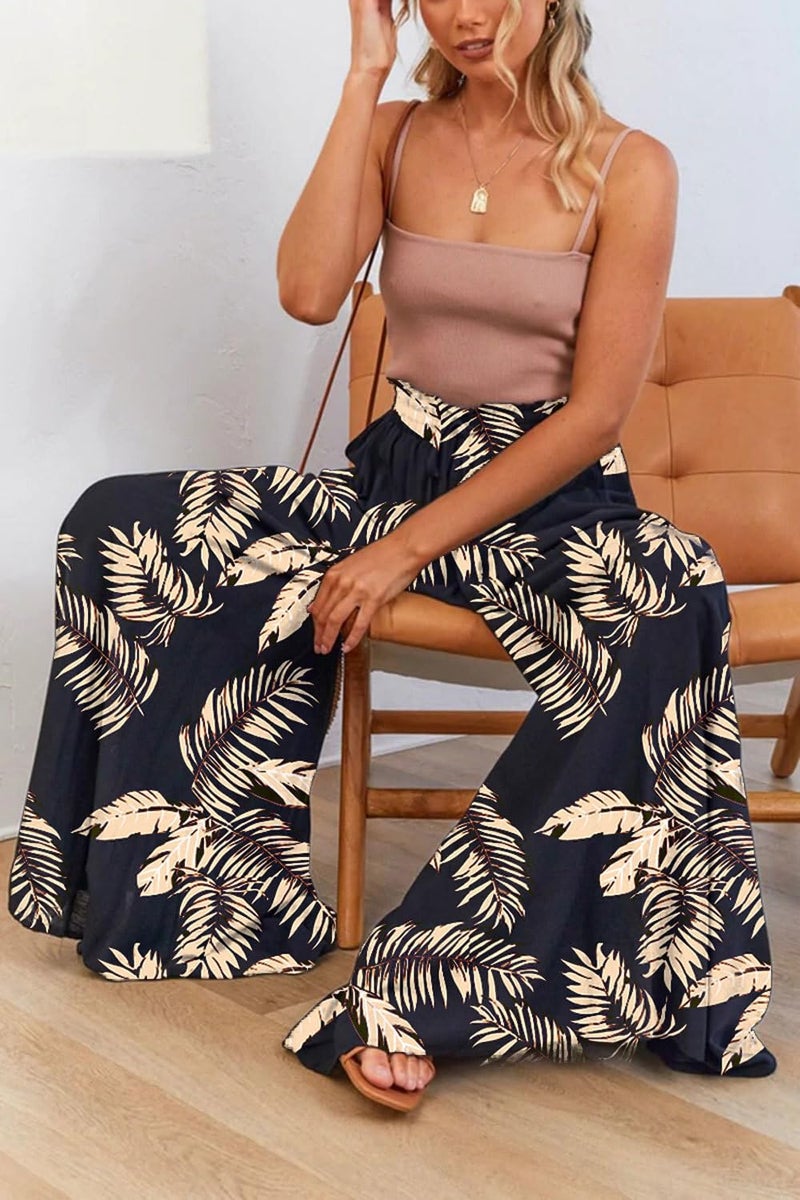 YOCUR Summer Lightweight Beach Vacation Pants High Waisted Wide Leg Pants for Women Printed Loose Flowy Palazzo Lounge Trousers Floral Black S - Image 4