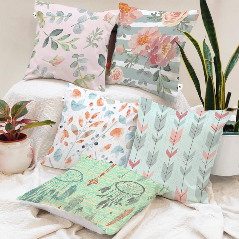 BRICK HOME Floral Printed Poly Cotton Cushion Cover, 18x18 Inches, Set of 5 with Filler - Image 5
