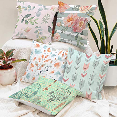 BRICK HOME Floral Printed Poly Cotton Cushion Cover, 18x18 Inches, Set of 5 with Filler - Image 1