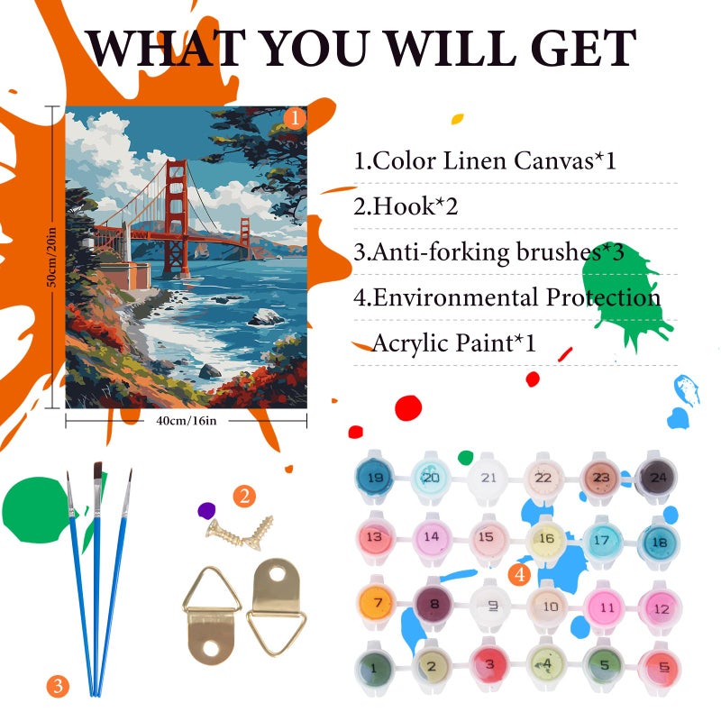 Fountor Paint by Numbers Kit for Adults Beginner, Golden Gate Bridge Adult Paint by Number Kits on Canvas Without Frame, San Francisco Scenery Oil Paint by Numbers for Home Decor Gift 16â€ W x 20â€L - Image 4