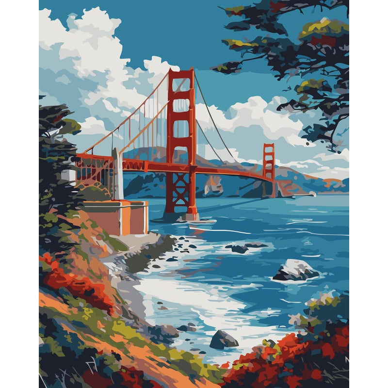 Fountor Paint by Numbers Kit for Adults Beginner, Golden Gate Bridge Adult Paint by Number Kits on Canvas Without Frame, San Francisco Scenery Oil Paint by Numbers for Home Decor Gift 16â€ W x 20â€L - Image 1