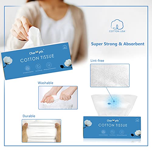 Charmyth Extra Thick Disposable Face Towel, Disposable Makeup Removing Wipes, 100% USA Cotton and 100% Organic & Cruelty Free, Lint-Free Cotton Tissues for Sensitive Skin 100 Count - Image 3