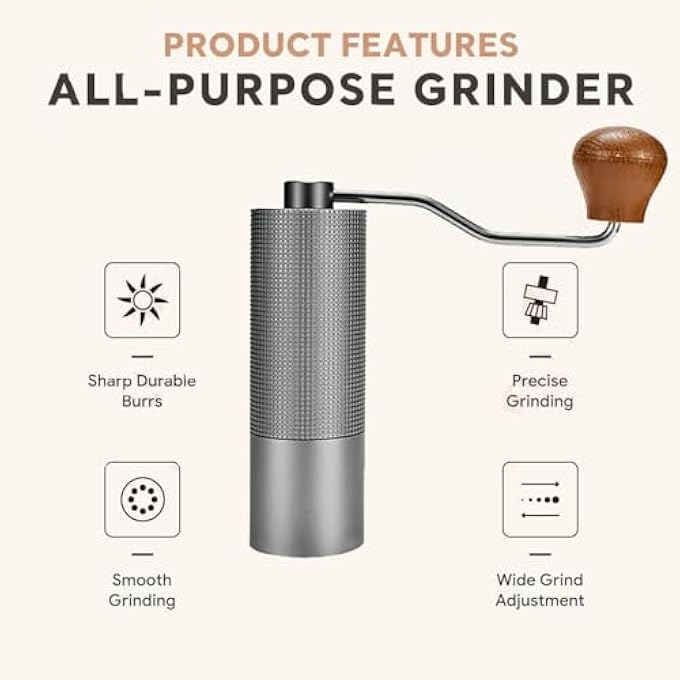 هاسذيب مطحنة قهوة يدوية مصنوعة بالكامل من المعدن مع مطحنة حبوب قهوة مخروطية من الفولاذ المقاوم للصدأ باستخدام الحاسب الآلي ومقبض قابل للتعديل لحجم الطحن ومقبض خشبي وسعة 25 جرام لصب الإسبريسو - Image 4