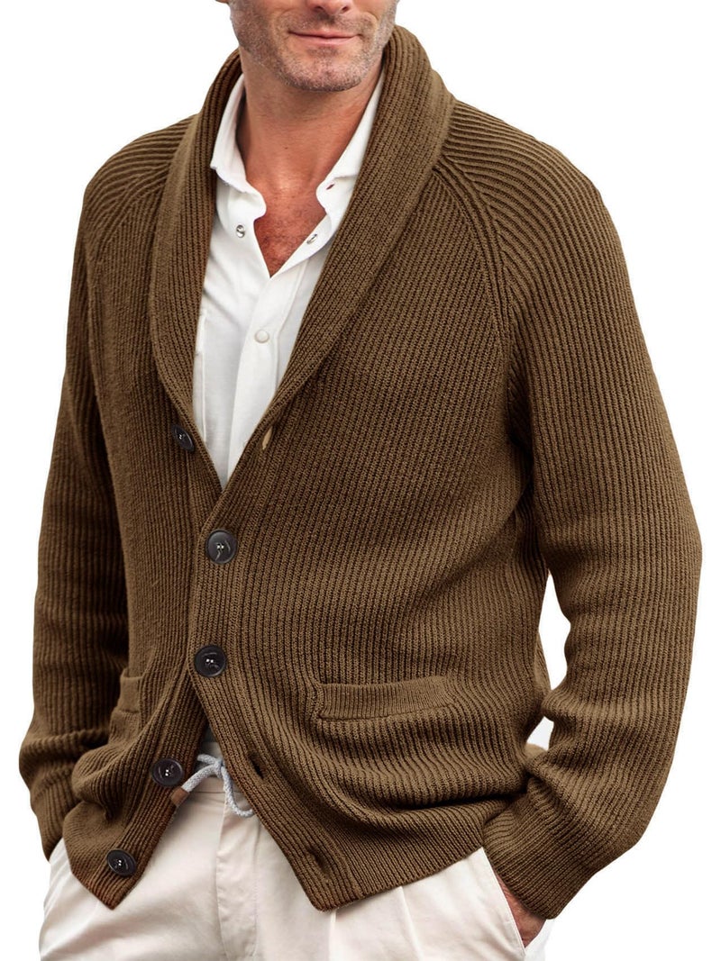 Karlywindow Mens Shawl Collar Cardigan Sweater Cable Knit Button Down Winter Chunky Sweater with Pockets Brown - Image 1