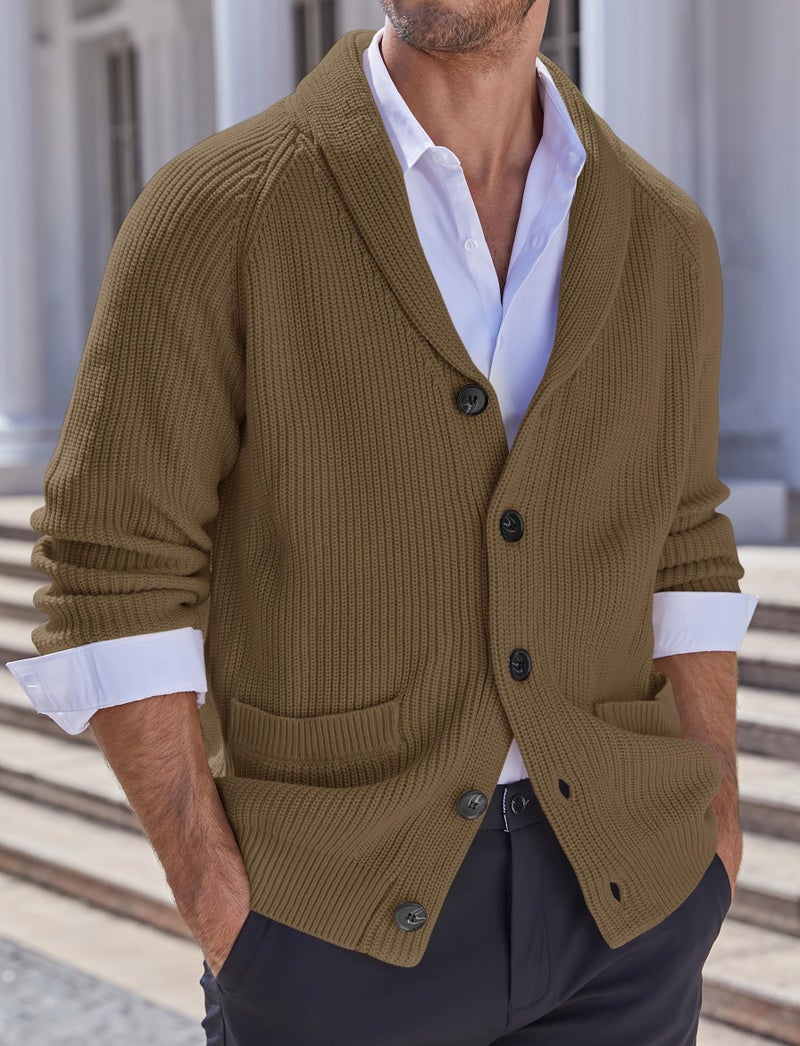 Karlywindow Mens Shawl Collar Cardigan Sweater Cable Knit Button Down Winter Chunky Sweater with Pockets Brown - Image 3