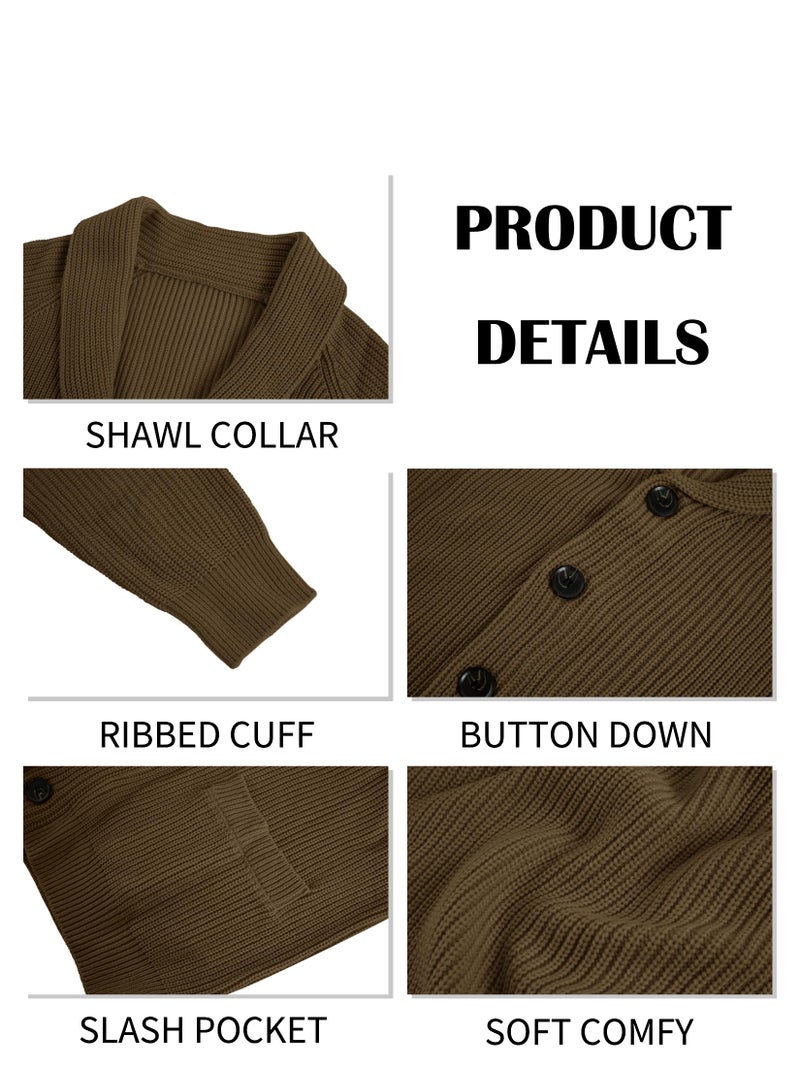 Karlywindow Mens Shawl Collar Cardigan Sweater Cable Knit Button Down Winter Chunky Sweater with Pockets Brown - Image 5