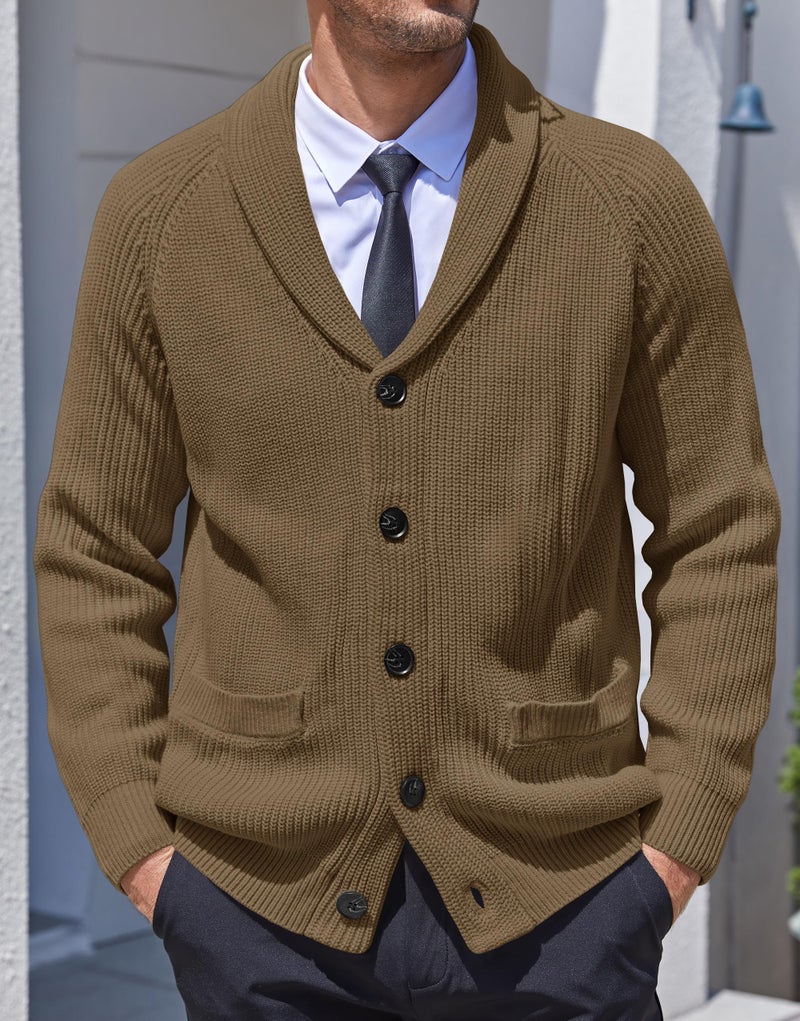 Karlywindow Mens Shawl Collar Cardigan Sweater Cable Knit Button Down Winter Chunky Sweater with Pockets Brown - Image 2