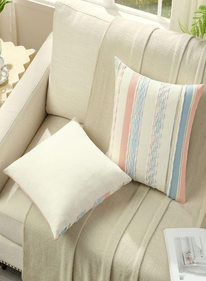 FUTEI Pink Light Blue Beige Boho Throw Pillow Covers 18x18 Inch Set of 2, Modern Tufted Striped Textured Accent Cushion Case,Farmhouse Pillows for Couch Bed - Image 4