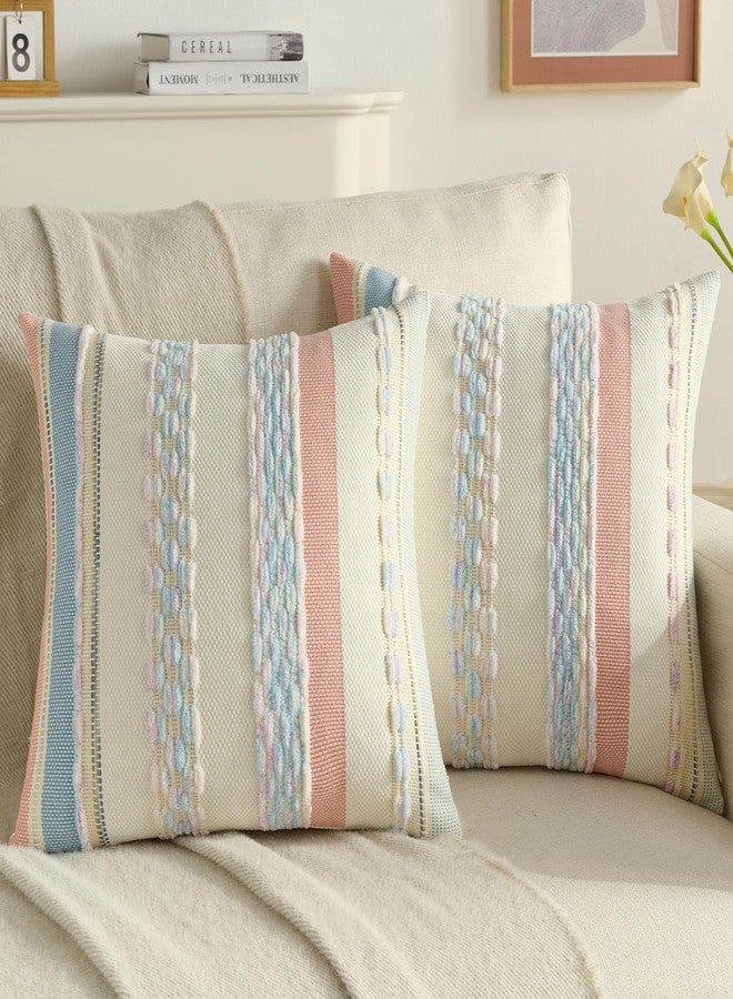 FUTEI Pink Light Blue Beige Boho Throw Pillow Covers 18x18 Inch Set of 2, Modern Tufted Striped Textured Accent Cushion Case,Farmhouse Pillows for Couch Bed - Image 1