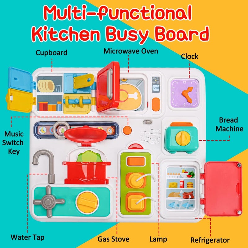 Tsomtto Kitchen Busy Board for Toddlers 1-3 Travel Toys Light Up Musical Baby Toy 12-18 Months Toddler Toys Age 1-2 2-4 Autism Sensory Montessori Fine Motor Skills Car Seat Toy for 1 Year Old - Image 2