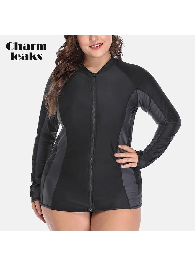 CharmLeaks Charmleaks  Women Long Sleeve Rashguard Zipper Swimsuit Shirts UPF50+  Plus Size Swimwear UV-Protection Rash Guard Color Block Beach Wear 