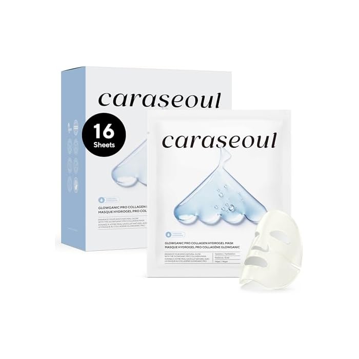 caraseoul Glowganic Pro Collagen Face Mask, Hydrogel Korean Face Mask with Niacinamide & Adenosin, Radiance Boost, Hydrating Overnight Sleep Mask, Vegan, Korean Skin Care [1.19oz (34g) x 16ea]
