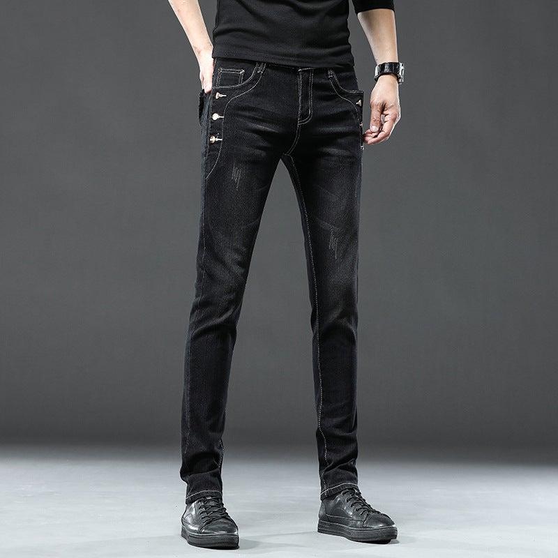 Generic Wholesale mens jeans slim fit skinny stretch pants mens Korean-style trendy youth Four Seasons trousers one-piece delivery 3015 Black  - Image 1