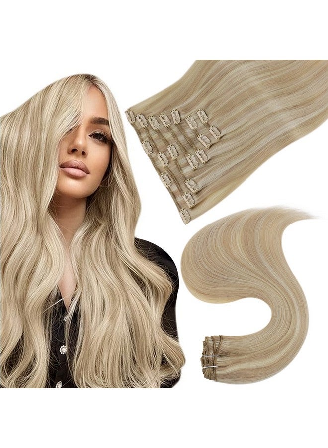Easyouth Clip In Hair Extensions Blonde Clip In Human Hair Extensions Remy Ash Blonde Hair Highlight Platinum Blonde Real Hair Clip In Extensions Lace Double Weft 14 Inch 7Pcs 70G - Image 1