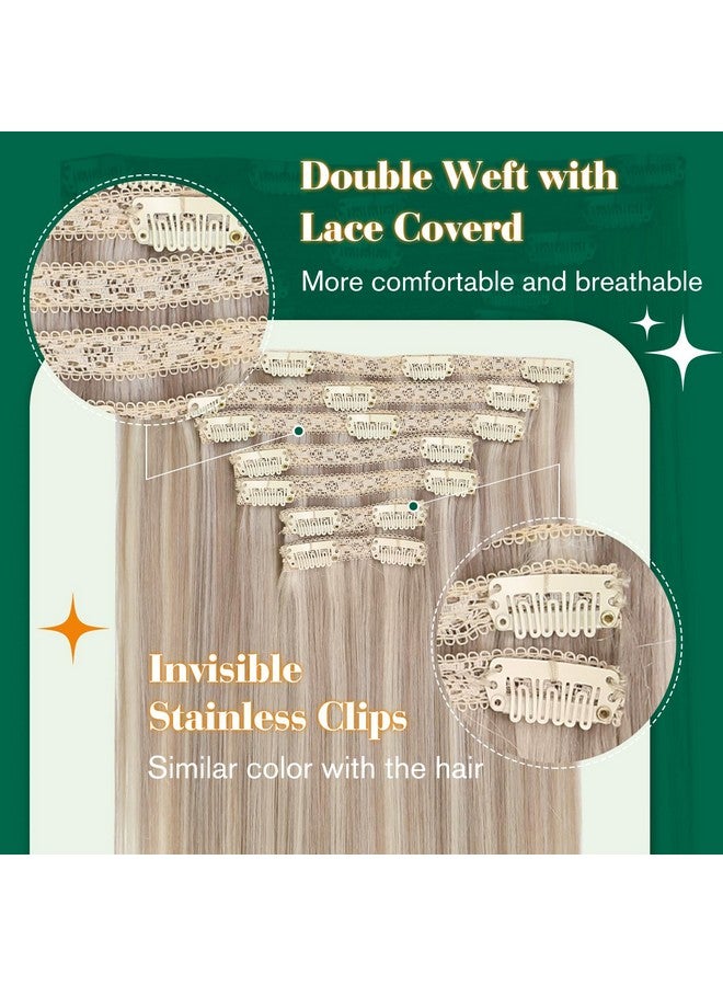 Easyouth Clip In Hair Extensions Blonde Clip In Human Hair Extensions Remy Ash Blonde Hair Highlight Platinum Blonde Real Hair Clip In Extensions Lace Double Weft 14 Inch 7Pcs 70G - Image 2