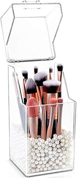 Quupy QUUPY Clear Makeup Brushes Holder with Lid Acrylic Makeup Brush Jewellery Organiser Storage Holder Jar for Dresser Bedroom Bathroomexcluding pearl and cosmetic brush UPY28626T - Image 5