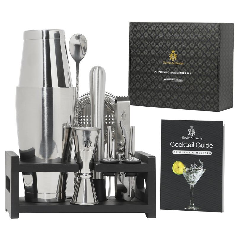 Hawke  Hanley مجموعة هوك هانلي المتميزة لاهتزاز الكوكتيل بوسطن 12 قطعة مع أدوات بار بوسطن المثقلة وحامل من الخيزران الأسود أفكار هدايا لتدشين المنزل