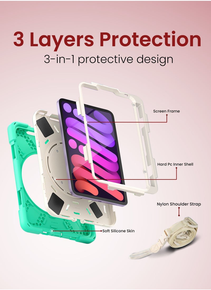 Moxedo - Moxedo Heavy Duty Shockproof Rugged Protective Colorful Case with 360 Rotating Kickstand, Shoulder Strap, and  Pen Holder for Kids Compatible for Apple iPad Mini 6 - Mint Green - Image 1