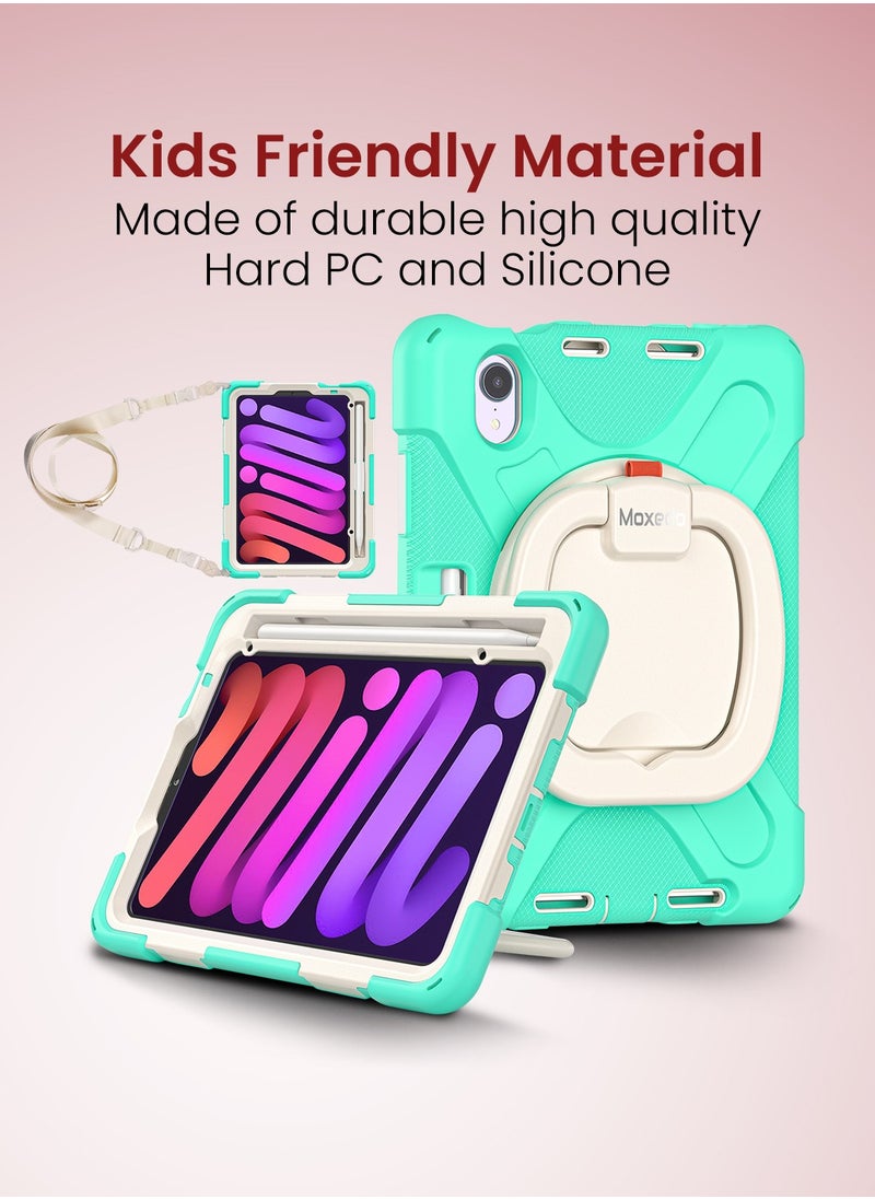 Moxedo - Moxedo Heavy Duty Shockproof Rugged Protective Colorful Case with 360 Rotating Kickstand, Shoulder Strap, and  Pen Holder for Kids Compatible for Apple iPad Mini 6 - Mint Green - Image 1