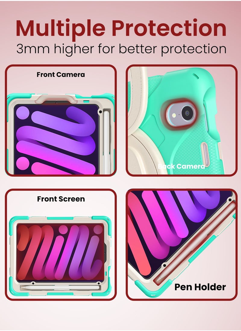 Moxedo - Moxedo Heavy Duty Shockproof Rugged Protective Colorful Case with 360 Rotating Kickstand, Shoulder Strap, and  Pen Holder for Kids Compatible for Apple iPad Mini 6 - Mint Green - Image 1