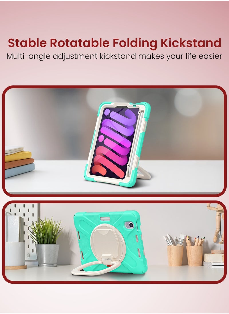 Moxedo - Moxedo Heavy Duty Shockproof Rugged Protective Colorful Case with 360 Rotating Kickstand, Shoulder Strap, and  Pen Holder for Kids Compatible for Apple iPad Mini 6 - Mint Green - Image 1