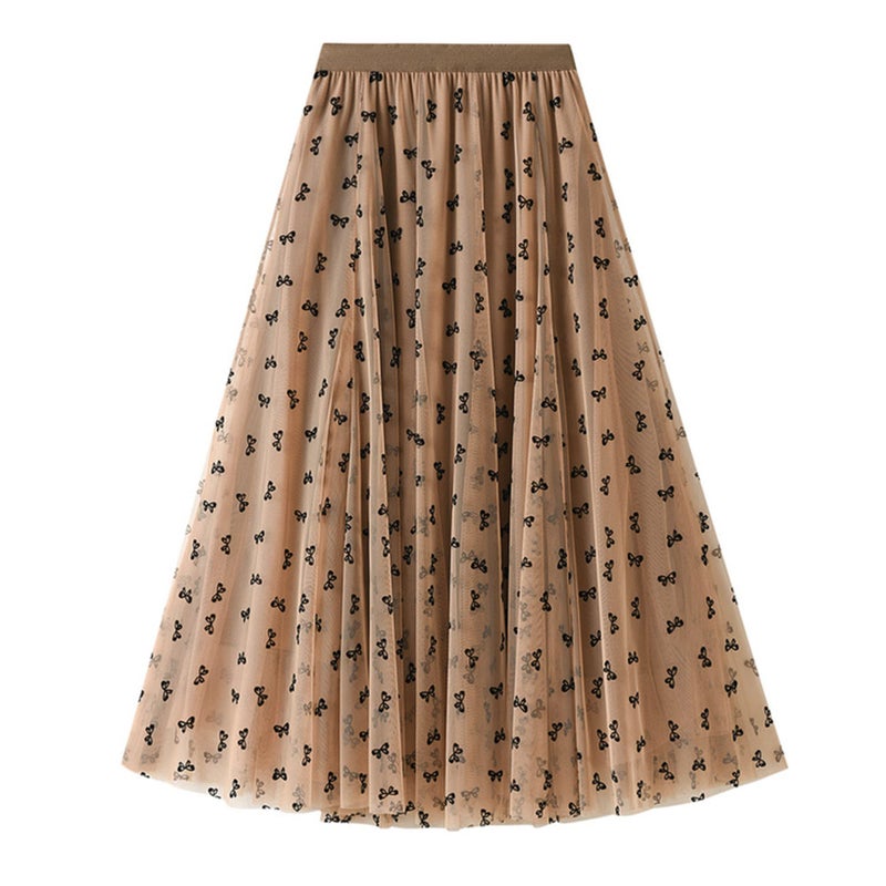 Dirholl Women's A-Line Fairy Patterned Elastic Waist Ruffle Tulle Layered Midi Skirt Bowknot Khaki - Image 1