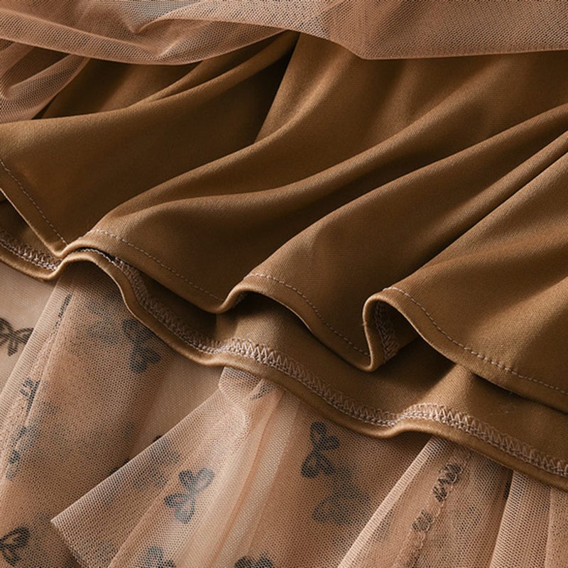 Dirholl Women's A-Line Fairy Patterned Elastic Waist Ruffle Tulle Layered Midi Skirt Bowknot Khaki - Image 2
