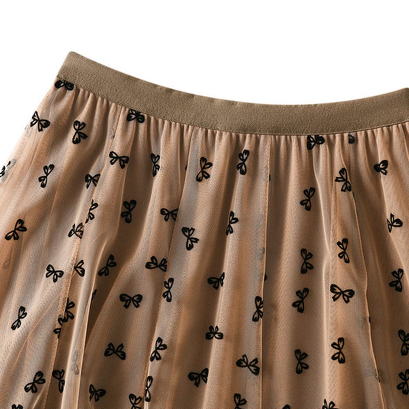 Dirholl Women's A-Line Fairy Patterned Elastic Waist Ruffle Tulle Layered Midi Skirt Bowknot Khaki - Image 3