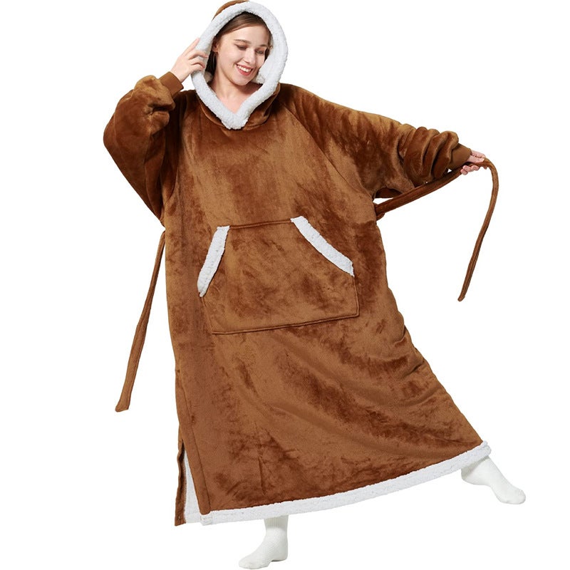 Fleece Hooded Warm Robe Autumn Winter Couch Blanket Sweatshirt Light gray - Image 5