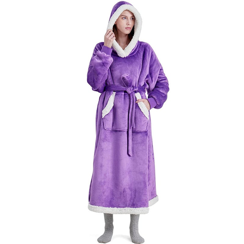 Fleece Hooded Warm Robe Autumn Winter Couch Blanket Sweatshirt Light gray - Image 3