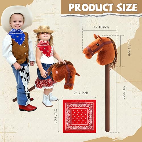 Poen 4 Pack Light Brown Horse Stick with Sound Red and Blue Bandana Set 276 Toys Stick Horse Western Cowboy Bandana with Neighing Sound for Boys Girls Fun Pretend Games - Image 5