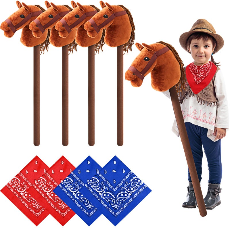 Poen 4 Pack Light Brown Horse Stick with Sound Red and Blue Bandana Set 276 Toys Stick Horse Western Cowboy Bandana with Neighing Sound for Boys Girls Fun Pretend Games - Image 3
