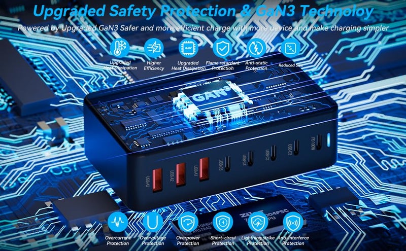 Cubonic USB C Charger Block GaN 440W Charging Station Hub,8 Port Fast Charging Brick with Extension Cord,PD QC PPS 100W Laptop Power Adapter - Image 2