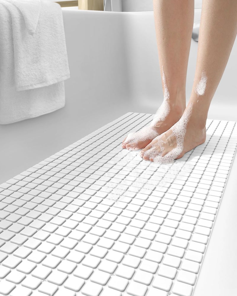 DEXI Bathtub Mat Non Slip Extra Long 39x16 Suction Cups Drain Holes Machine Washable for Tub Shower Floor White