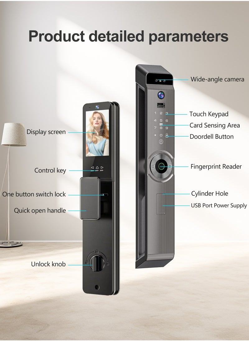 ALINK - Smart Lock with Camera, Palm Print Recognition Lock,  WiFi Video Intercom Lock,  Two way audio,  Fingerprint Door Lock ,Tuya APP Remote Control,6*IC cards,1 pcs 5000mAh batteries, Model M12L, Mortise 6068 - Image 1