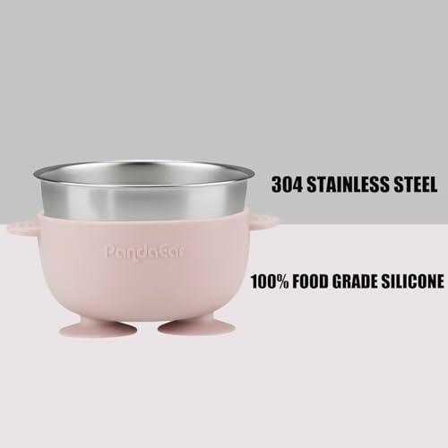 PandaEar 6-in-1 Stainless Steel Baby Feeding Set | Divided Suction Plate, Bowl, Sippy Cup with Straw, Bib, Spoon & Fork | BPA-Free Toddler Feeding Essentials for Self-Feeding (Pink) - Image 4