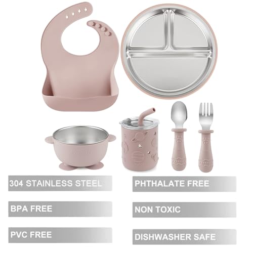 PandaEar 6-in-1 Stainless Steel Baby Feeding Set | Divided Suction Plate, Bowl, Sippy Cup with Straw, Bib, Spoon & Fork | BPA-Free Toddler Feeding Essentials for Self-Feeding (Pink) - Image 3