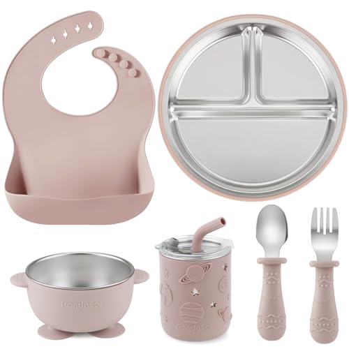 PandaEar 6-in-1 Stainless Steel Baby Feeding Set | Divided Suction Plate, Bowl, Sippy Cup with Straw, Bib, Spoon & Fork | BPA-Free Toddler Feeding Essentials for Self-Feeding (Pink) - Image 1