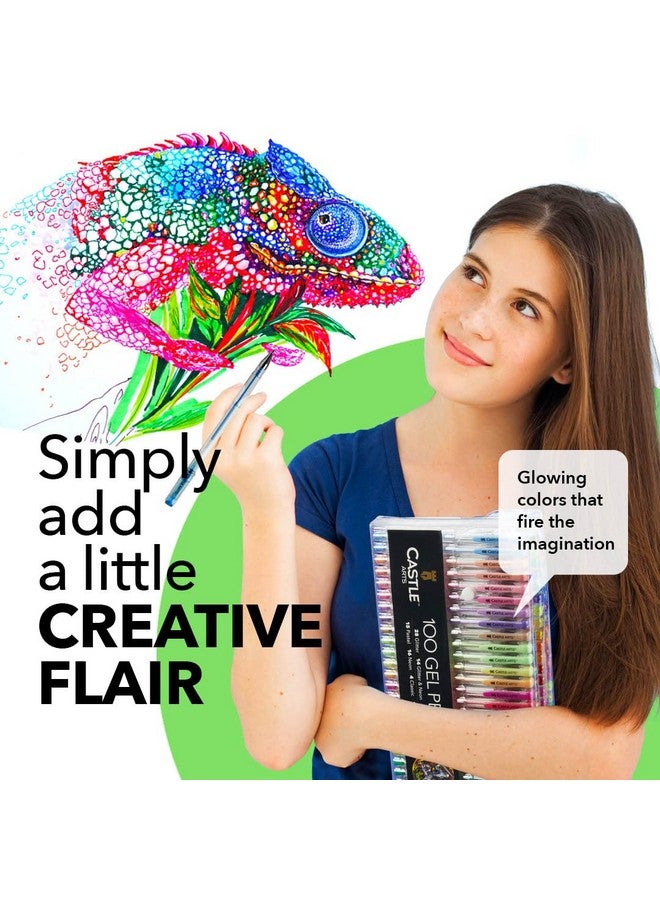 Castle Art Supplies 100 Gel Pens For Adult Coloring Set Drawing Scrapbooks Journals Amazing Colors Effects Swirl Glitter Neon Pastel Metallic With Smooth Fine Tips - Image 3