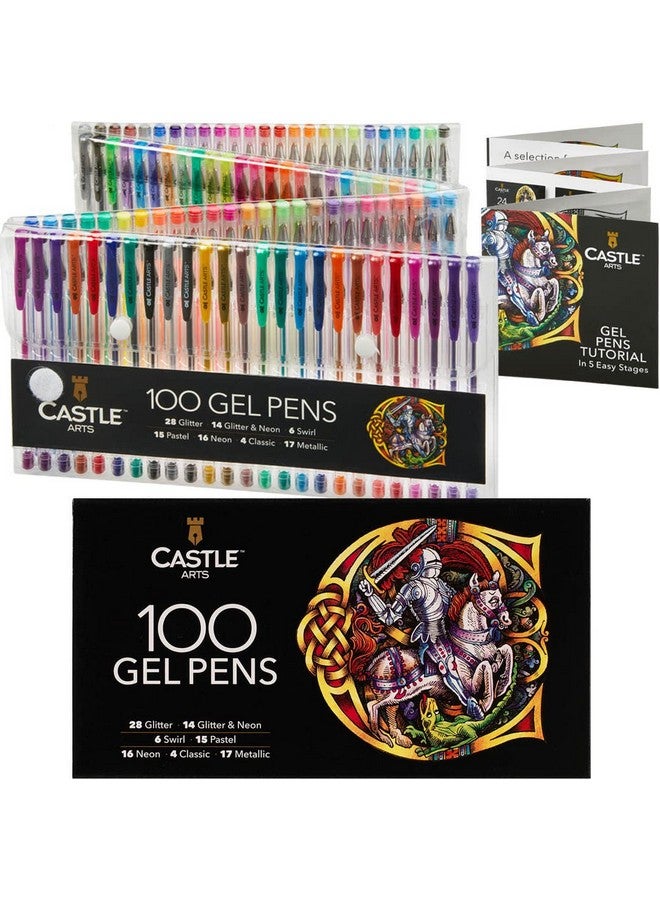 Castle Art Supplies 100 Gel Pens For Adult Coloring Set Drawing Scrapbooks Journals Amazing Colors Effects Swirl Glitter Neon Pastel Metallic With Smooth Fine Tips - Image 1